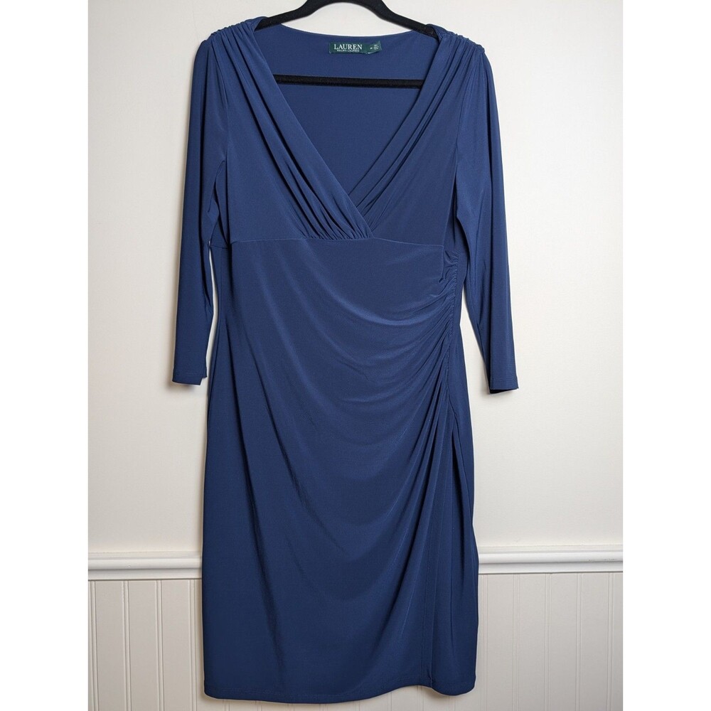 Lauren Ralph Lauren Faux Wrap Ruched Midi Dress Womens 14 Navy Blue 3/4 Sleeve